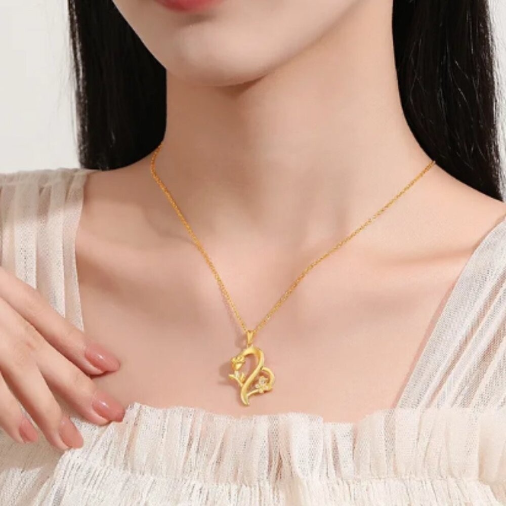 925 Sterling Silver Heart Rose Butterfly Pendant Necklace with Crystal Accents